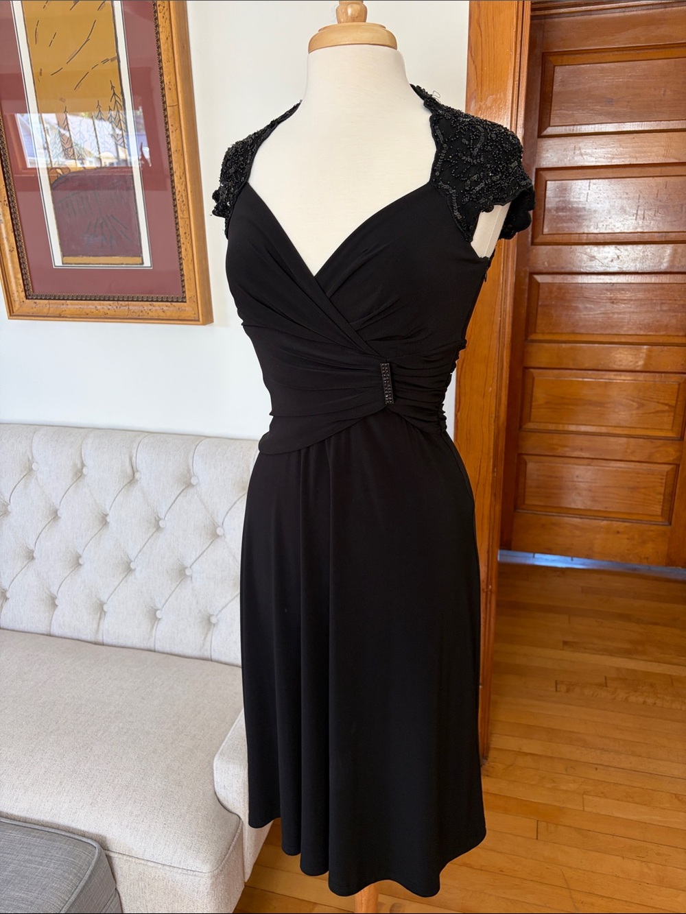 Scarlett Nite Black Beaded Cap-Sleeve Midi Dress
